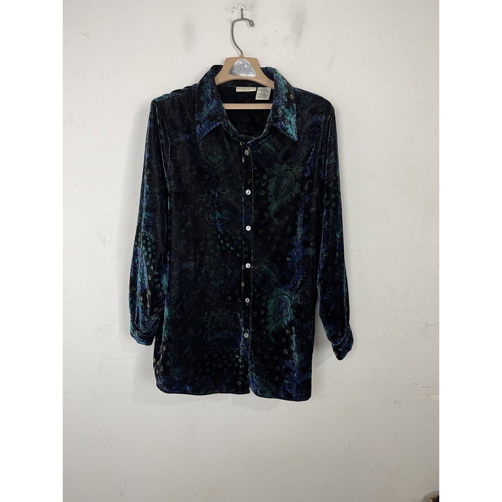 White Stag Womens Plus 16W Velvet Fairy Whimsigoth Button Up Teal Paisley